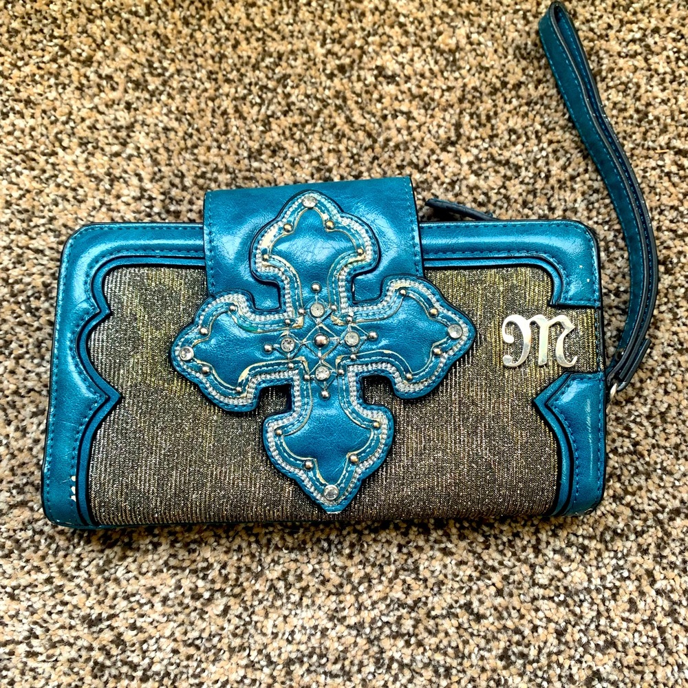 Miss Me teal turquoise cross wallet wrist clutch GUC
